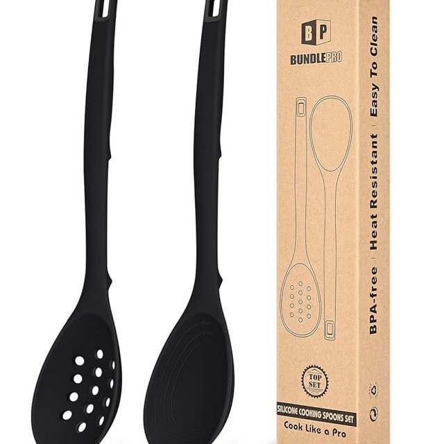 Pack of 2 Silicone Cooking Spoons, Non Stick Solid Kitchen Spoon with Measuring Marks & Back Hooks, Heat Resistant Silicone Slotted Spoon for Cooking, Mixing, Stirring,Serving (BLACK)