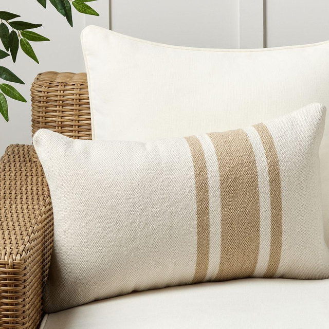Modern Farmhouse Striped Outdoor Lumbar Pillow, Flax, 16" x 26"