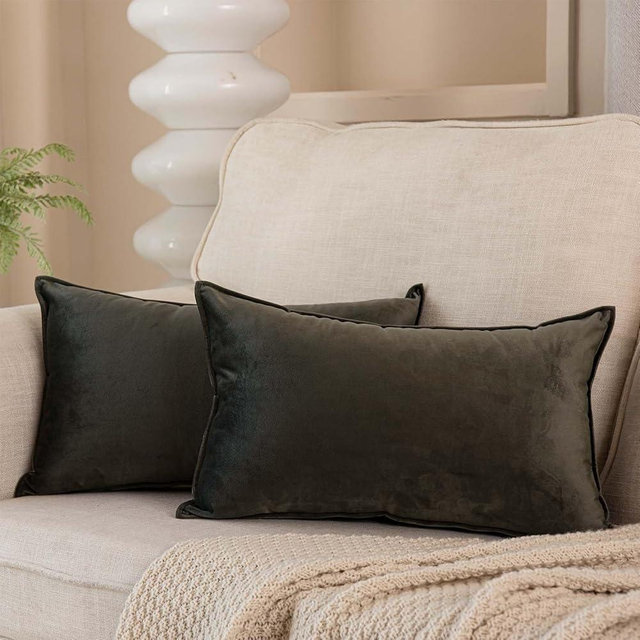 JUSPURBET Ash Decorative Lumbar Velvet Throw Pillow Covers 12x20 inch Set of 2,Broadside Soft Solid Cushion Case for Sofa Couch Bed Living Room