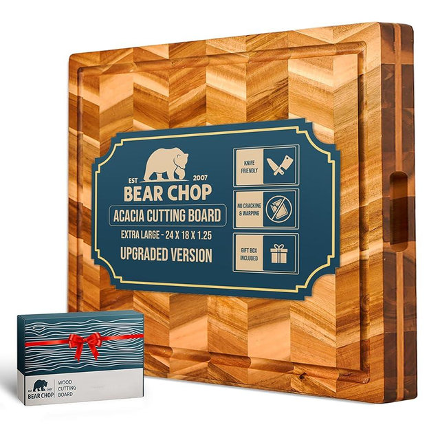 Bearchop Herringbone Acacia Wood Cutting Boards for Kitchen, Butcher Block with 4-Side Reinforced Bar for Anti Crack/Warp,[24"x18"x1.25"] Extra Large Cutting Boards with Gift Box, Juice Groove, Handle