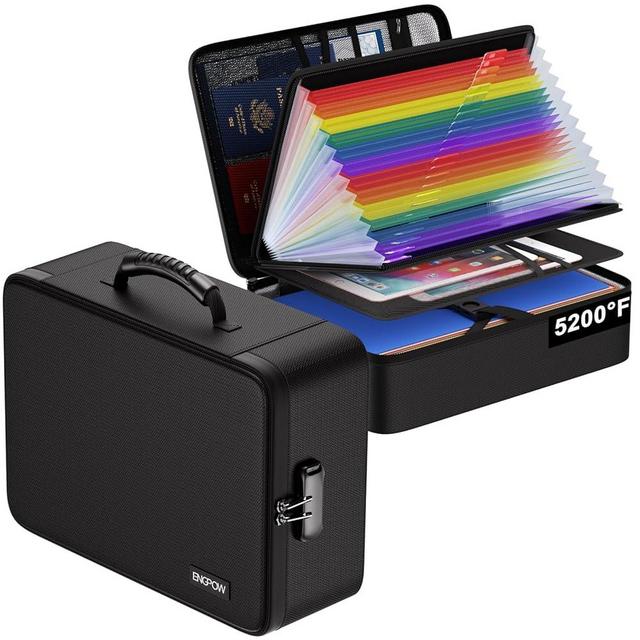 ENGPOW Fireproof Document Box with Lock, 5200℉ Soft Case Fireproof Box with 25 Colorful Pocket Accordion File Folder, Fireproof Water Resistant Safe File Organizer Storage for Important Documents
