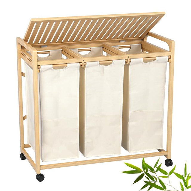 Bamboo Laundry Hamper 3 Section with Lid, 150L Laundry Sorter with Lockable Wheels, Pull-Out Removable Washable Bags, 3 × 12.5 Gal Divided Laundry Baskets for Laundry Room, Bathroom (Beige)