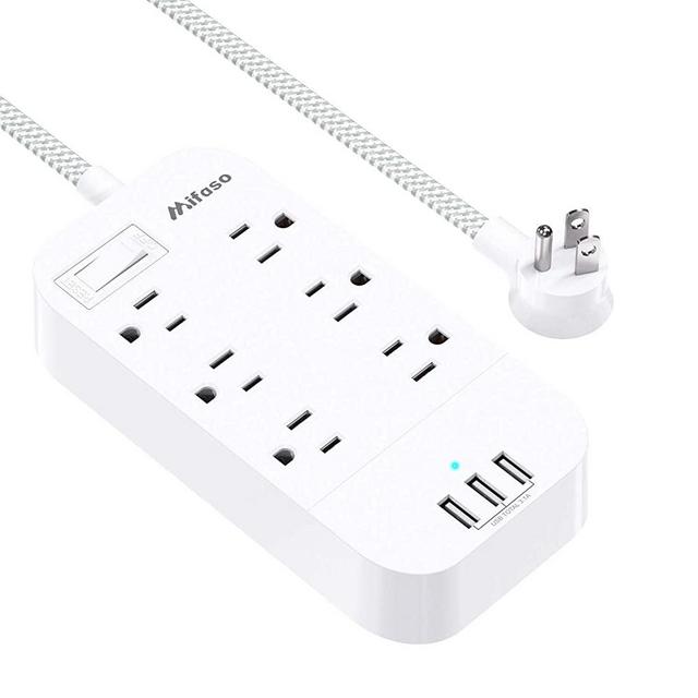 Power Strip with USB- Extension Cord with 6 Outlets 3 USB Charger, Flat Plug, Wall Mount 5ft Extension Cord, Desktop Charging Station for Home, Office, Dorm Essentials