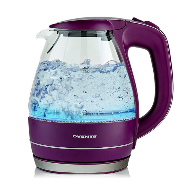 Ovente Electric Hot Water Glass Kettle 1.5 Liter with Heat Tempered Borosilicate Glass, 1100 Watts BPA-Free Fast Heating Element with Auto Shutoff and Boil Dry Protection, Purple (KG83P)
