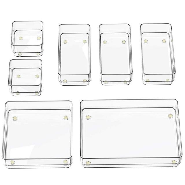 SMARTAKE 7-Piece Drawer Organizer with Non-Slip Silicone Pads, 4-Size Desk Drawer Organizer Trays Storage Tray for Makeup, Jewelries, Utensils in Bedroom Dresser, Office and Kitchen (Clear)