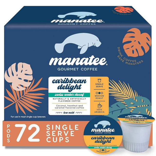 Manatee Coffee Gourmet Single Serve Coffee Pods for Keurig K-Cup Brewers, Caribbean Delight Flavored Swiss Water Decaf, 72 Count