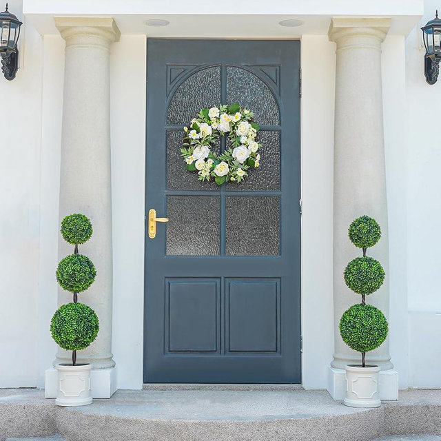 VIVATREES 4FT Artificial Triple Ball Topiary Trees with Roman Style Vintage White Planter Pot, Outdoor Indoor Realistic Faux Shrubs Plants, Fake Trees for Home Offices Porch Decor, Set of 2