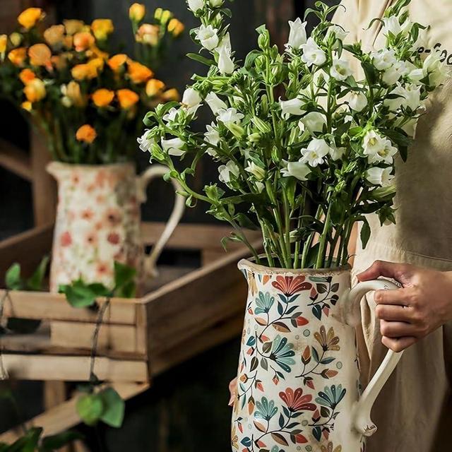 Vintage Colorful Floral Ceramic Vase with Handle, Retro Ice Glazed Crack Farmhouse Pitcher Vase for Home Decor, Living Room, Shelf, Office, Rustic Table Centerpiece 9 Inch