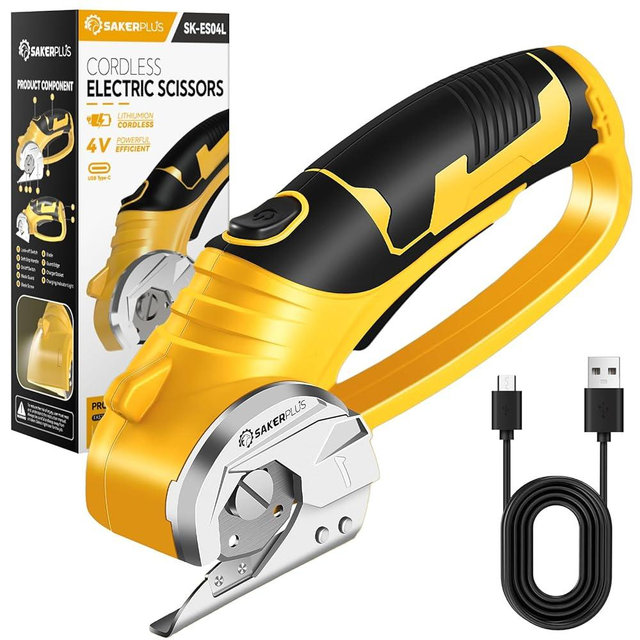 SakerPlus Cordless Electric Scissors, 4V Cardboard Cutter, Box Cutter Fabric Scissor with Safety Lock & LED Light, Rechargeable Power Rotary Cutter for Box Carpet Fabric Plastic Leather