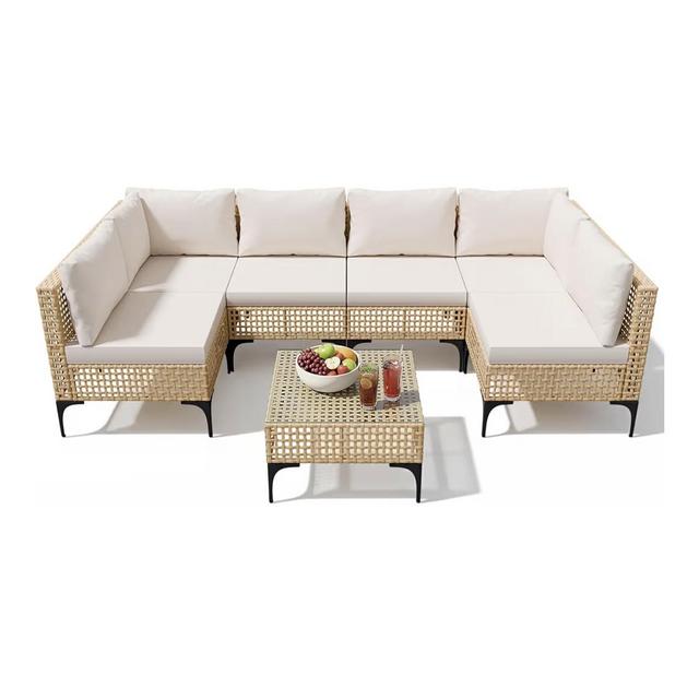 Devoko 7 Pieces Patio Furniture Set,Outdoor Wicker Sectional Couch with Thick Cushions &Glass Tabletop, PE Rattan Backyard Conversation Sofa with Coffee Table for Deck, Porch