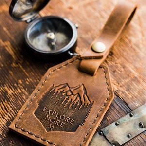 Leather Luggage Tag: "Explore More" with "Last Name & Phone Number" on Back