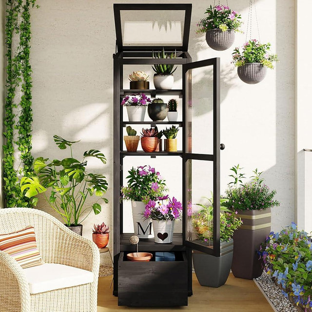 Wood Cold Frames for Winter Gardening, Small Greenhouse for Outdoors, Mini Greenhouse Indoor, Portable Enclosed Plant Cabinet with Movable Storage Box, Adjustable Shelves, 62.4inch Height