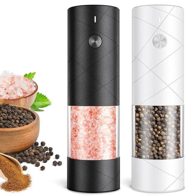 2 Pack Electric Salt and Pepper Grinder Set, Rechargeable - No Battery Needed - Large Capacity Automatic Salt Pepper Mill Grinder with Warm LED Light, Adjustable Coarseness Pepper Grinder for Kitchen…