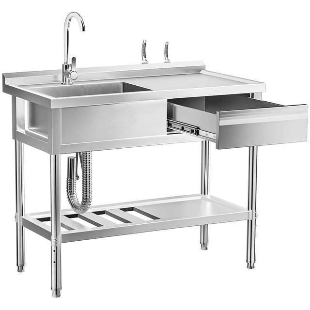 WOEDEN 39" 304 Stainless Steel Utility Sink, Free-Standing Commercial Sink with Workbench, Drawer Storage & Hot/Cold Water Pipes for Laundry, Farmhouse & Outdoor Use