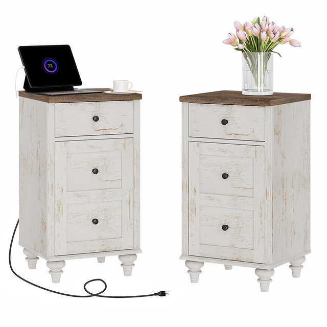 WAMPAT Set of 2 End Table with Charging Station, Wood Nightstands with Drawer and Storage Cabinet, Modern Side Tables Living Room, Farmhouse Night Stands Bedside Table for Bedroom, Rustic White