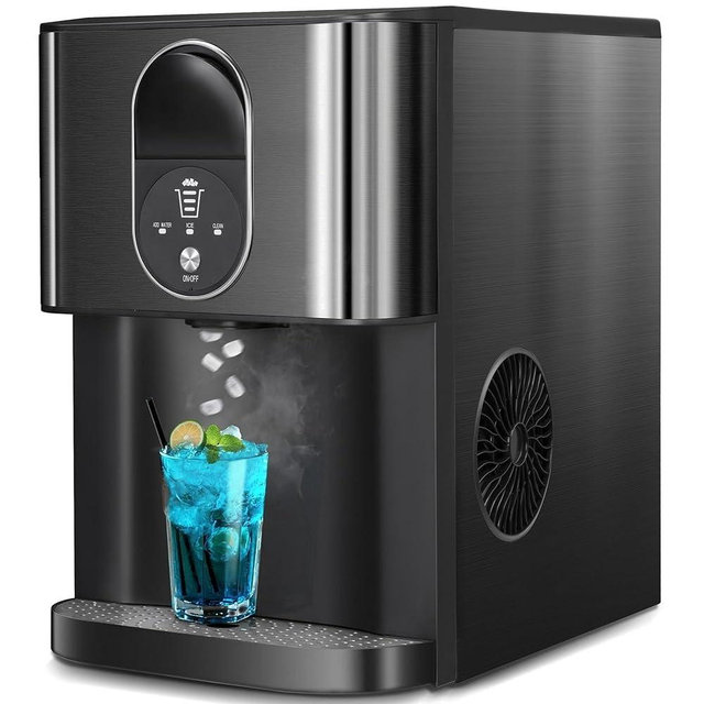Nugget Ice Makers Countertop, Pellet Ice Maker Machine Dispenser with Water Reservoir with 44lbs/24H, Self-Cleaning, Soft Chewable Ice Maker Machine for Home/Kitchen/Office, Black Stainless