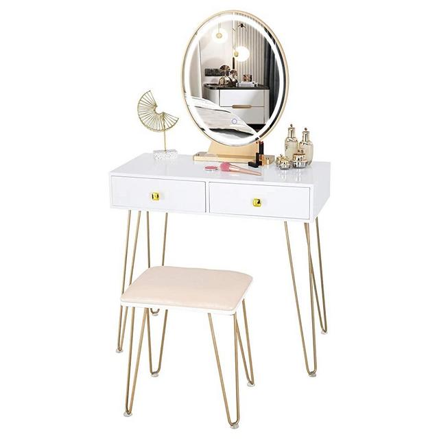 Vanity Set with 3 Color Dimming Touch Screen Lighted Mirror Makeup Mirror Dressing Mirror 2 Drawers and Cushioned Stool