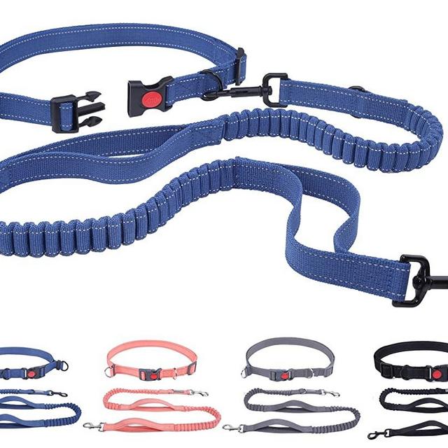 VIVAGLORY Hands Free Dog Leash with Dual Wavelength Bungees for Medium Large Dogs, Double Handle Reflective Waist Leash for Training Running Walking Fits Waist from 32½ to 58 inch, Navy Blue