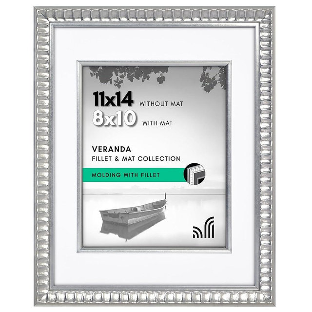 Americanflat 11x14 Picture Frame with Decorative Inner Mat Accent - Displays 8x10 Photos with Mat or 11x14 Without - Veranda Collection - Silver Vintage Frames with Shatter-Resistant Glass