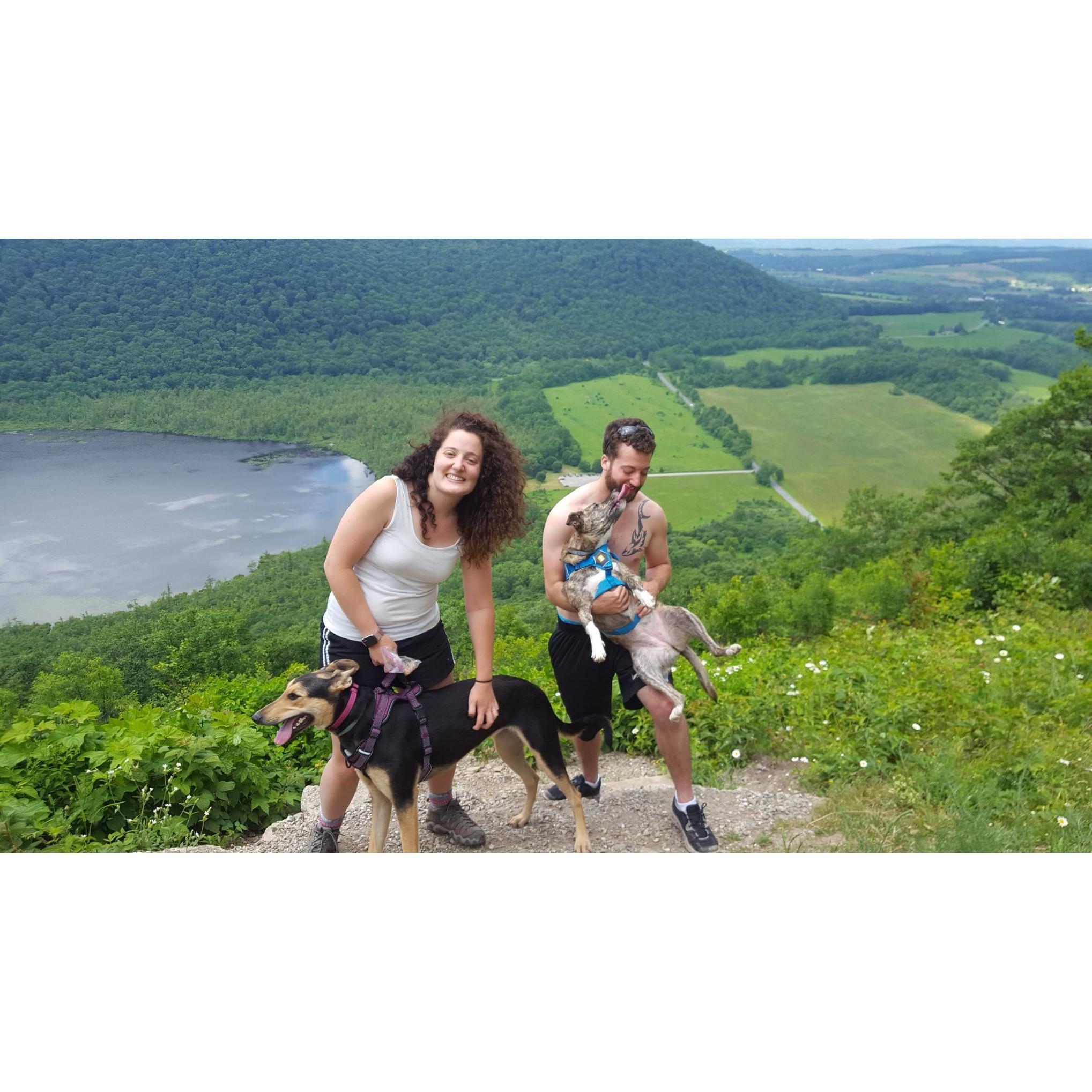 The bride with her dog Molly and her brother Mark with his dog Lacey on a hiking trip!