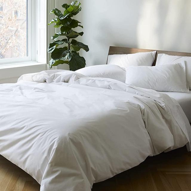 Brooklinen Luxury Percale Duvet Cover for Full/Queen Size Bed, Solid White (Extra-Long Corner Ties and Button Closure)