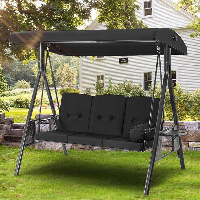 AECOJOY Outdoor Porch Swing, 3-Seat Porch Swing with Adjustable Canopy, Outdoor Swings for Adult with Black Removable Cushions for Backyard, Garden, Yard, Poolside, Balcony
