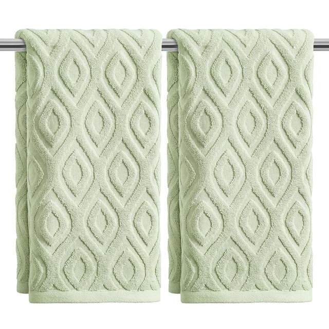 Artoid Mode 2 Pcs Light Green 3D Diamond Grid Jacquard Hand Towels for Bathroom, 100% Cotton Soft Absorbent Bathroom Decor Towels, 13.7 x 29.5 Inch