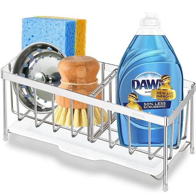 Sponge Holder for Kitchen Sink, Sink Caddy Kitchen Sink Organizer with Adjustable Partition, Stainless Steel Kitchen Sink Dish Sponge Holder with Removable Drain Tray -Kitchen Sink Storage Accessories