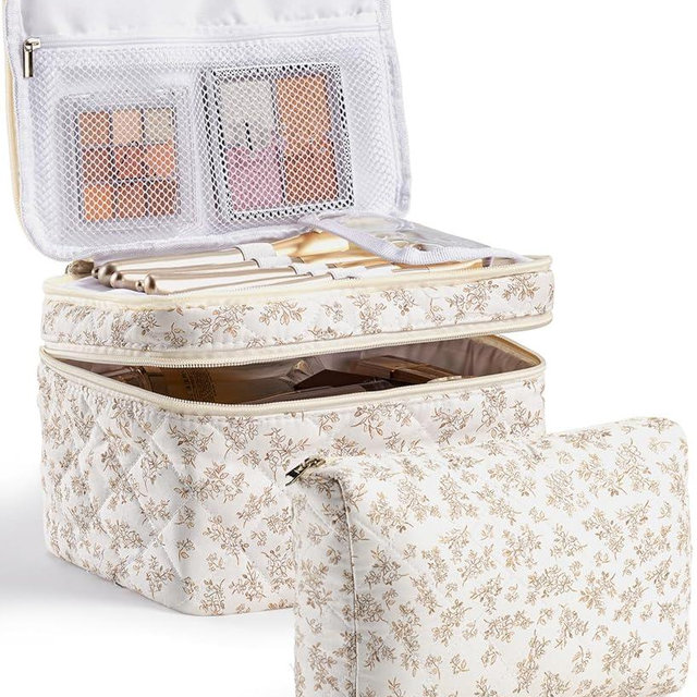HBselect 2Pcs Travel Makeup Bag, Large Cotton Quilted Makeup Bag Cosmetic Bag Cute Make up Bag Toiletry Bags for Women Girls