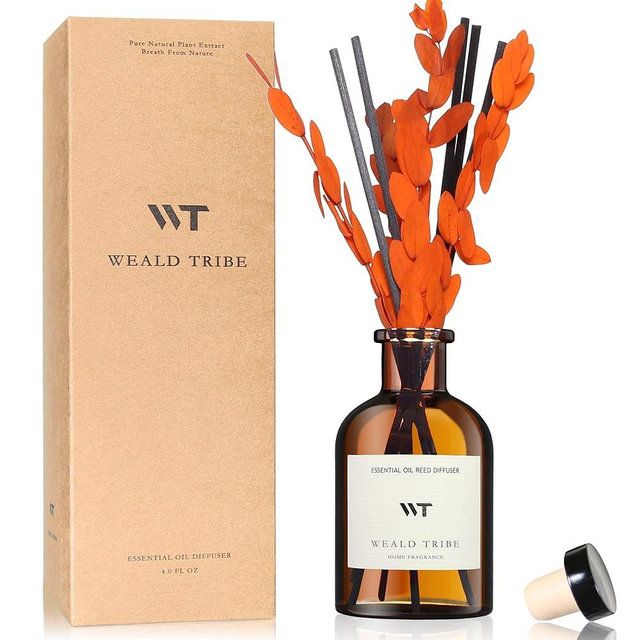 WEALD TRIBE Reed Diffuser Set for Bathroom Air Fresheners, Oil Diffuser Sticks | Sandalwood & Ebony Scent 4.0 fl oz Home Fragrance with Sticks Defusers | House Bedroom Office Shelf Decor