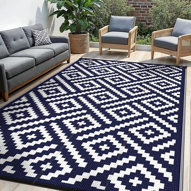 sarben Outdoor Rug for Patio - Waterproof Plastic Straw Camping Rugs 9x12 ft, Reversible Outdoor Indoor RV Mat Carpet for Patio, Porch, Deck, Balcony, Picnic, Beach, Blue White