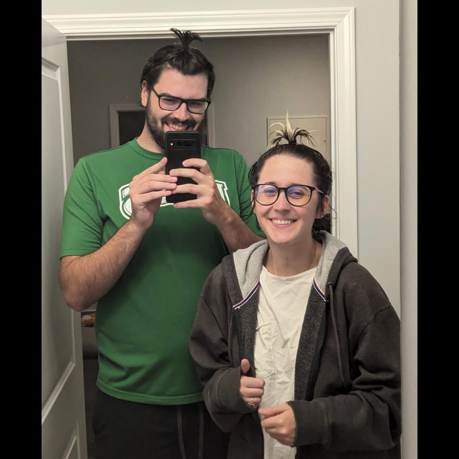 Trying out new hairstyles as we both grew out our hair, September 2023