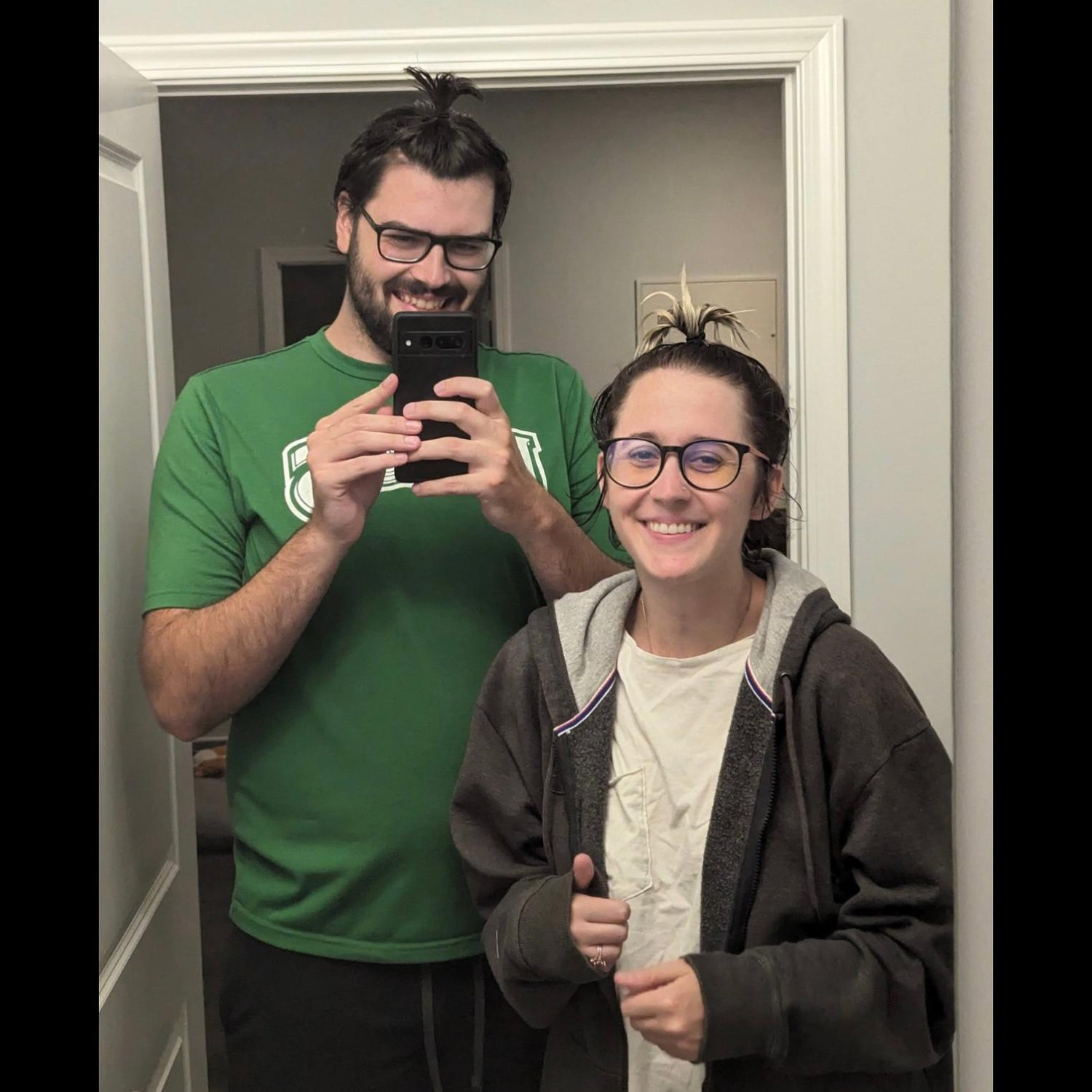 Trying out new hairstyles as we both grew out our hair, September 2023