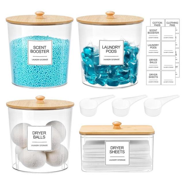 Laundry Pods Container & Dryer Sheet Holder, Laundry Room Organization and Storage Jars with Lids, Labels & Scoops for Powder Detergent Scent Booster