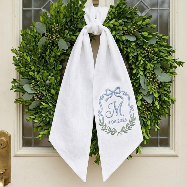 Personalized Embroidered Wedding Wreath Sash, Monogram Date Door Bow, Custom Name Front Door Decor, Wedding Keepsake, Bridal Shower Gift