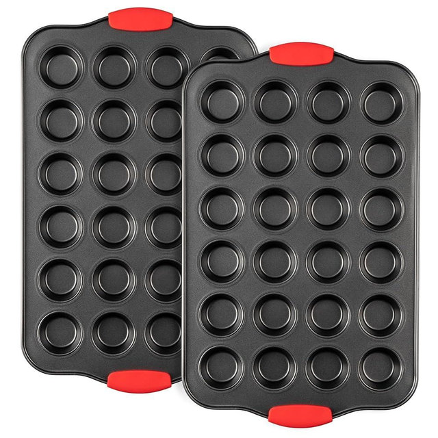 Mini Muffin Pan, 24 Cavity Cupcake Pan, Nonstick Baking Pan, Heavy Duty Small Muffin Tin with Silicone Grip Handles, Set of 2