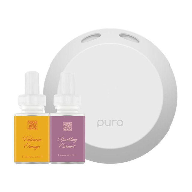 Pura Smart Home Fragrance Device Starter Set - Pura 4 - Scent Diffuser for Home - Includes Fragrance Aroma Diffuser - Square Box, Valencia Orange and Sparkling Currant Scent Refills