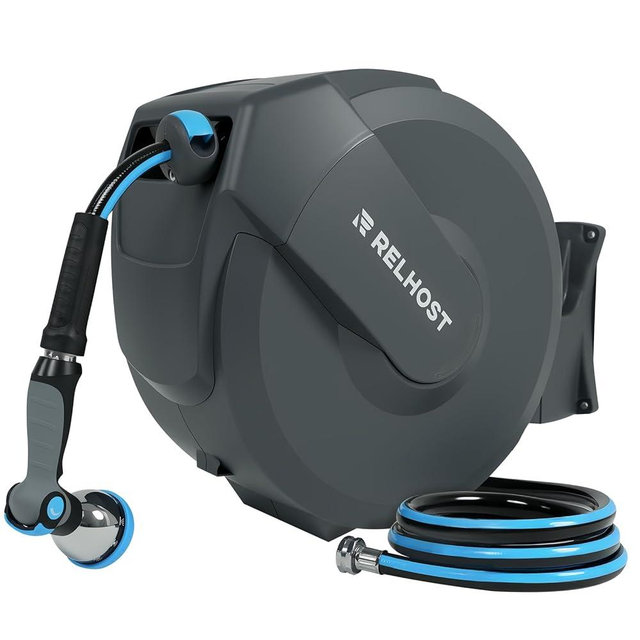 Retractable Garden Hose Reel, 5/8 in x 65 ft Auto Rewind Hose Reels for Outside, Slow Return System, 180° Swivel Bracket & Adjustable Length Lock (Dark Grey)