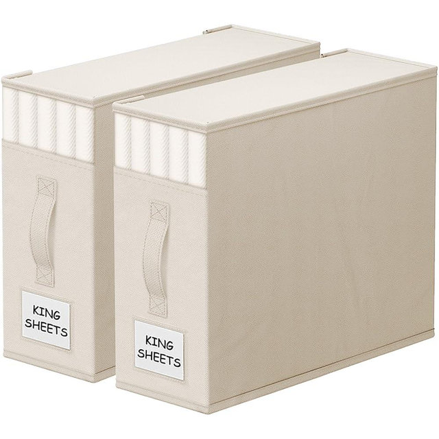 StorageTastic 2 Pack Bed Sheet Closet Organizers and Storage,Sturdy Foldable Storage Containers with Window and Label,Storage and Organization for Bedding Sheets,Duvet Covers,Blankets (Beige)
