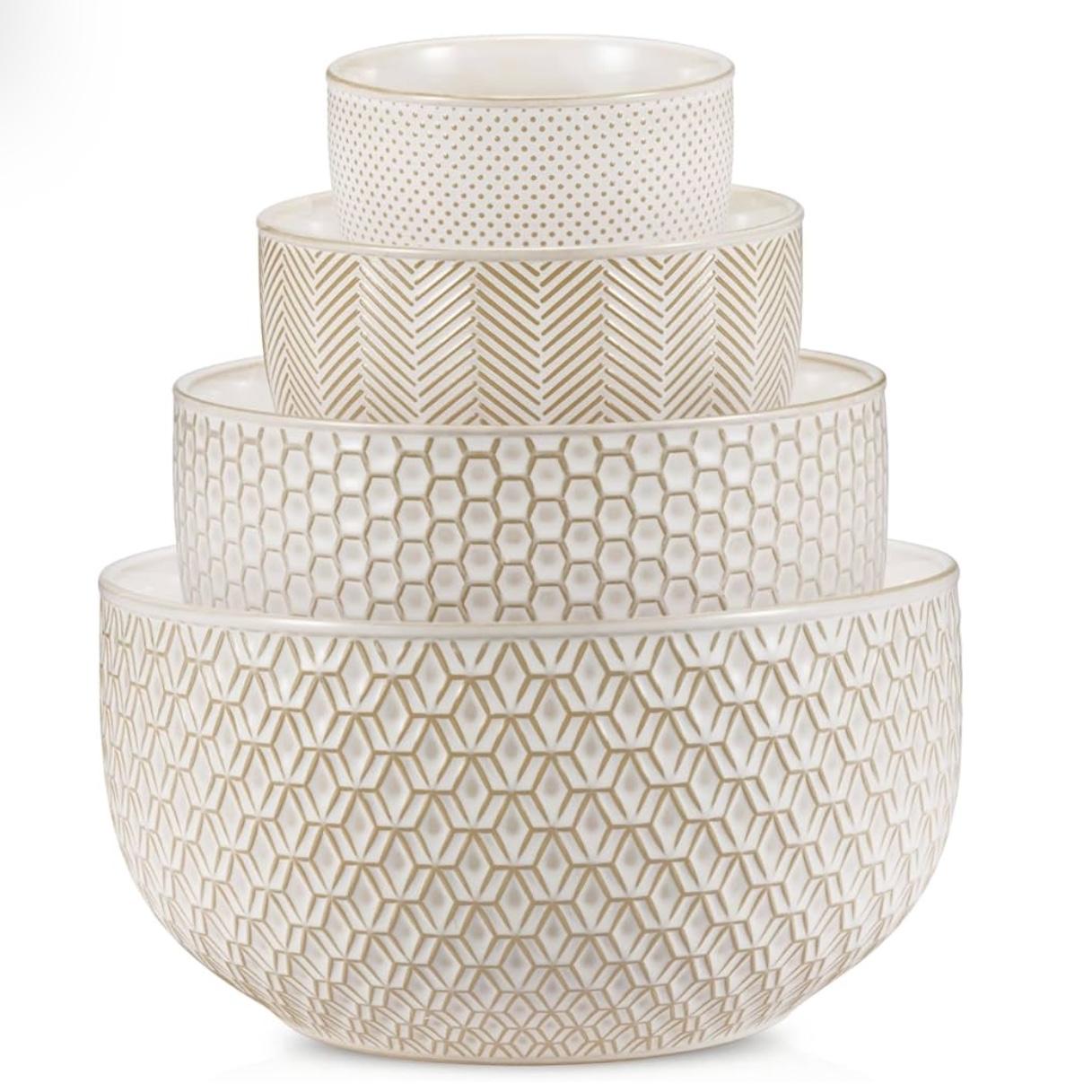 KooK Ceramic Mixing Bowls, Nesting Bowls, Set of 4, Embossed Kitchen Bowls, Prep, Serving, Gift, Microwave and Dishwasher Safe, 20/44/98/145 oz, Narbonne Collection (Ivory)