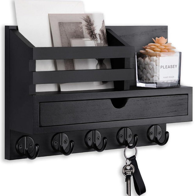Lucundm Key Holder Wall Mount, Mail Holder with Storage Drawer and 5 Key Hooks for Coat, Dog Leash, Home Decor Rack, House Accessories, Entry Way Organizer