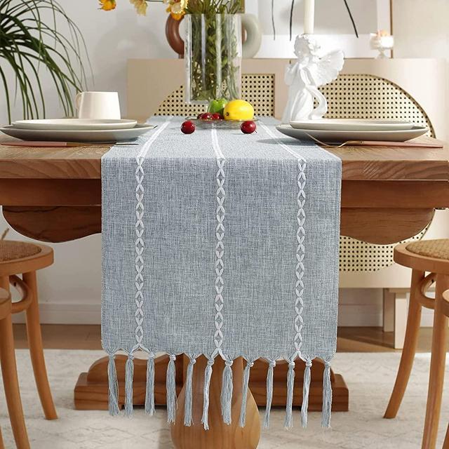 Wracra Rustic Linen Table Runner Farmhouse Style Table Runners 72 inches Long Embroidered Table Runner with Hand-Tassels for Party, Dresser Decor and Dining Room Decorations (Dusty Blue, 13"×72")