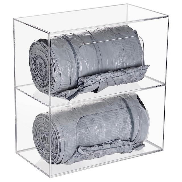 SEANADO Trash Bag Dispenser Roll Holder, 2 Compartment Wall Mount Acrylic Kitchen Double Side Loaded Organizer Storage Box Holder for Garbage Bag Grocery Bag Plastic Bag(10.4 x 5.5 x 11inches)
