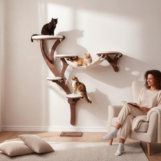 Wall Mounted Cat Tree: Plywood Shelves, Hammock, Modern Cat Playground