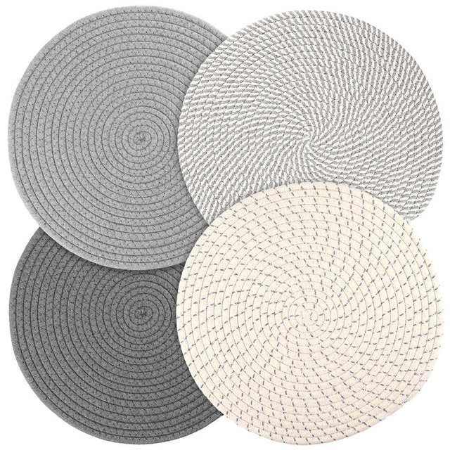 Billbotk Round Woven Placemats Set of 4, 13 Inches Kitchen Table Place Mats for Dining Table, Trivets for Hot Pots and Pans, Boho Table Decorations for Table Setting, Tabletop Accessories(Gray)