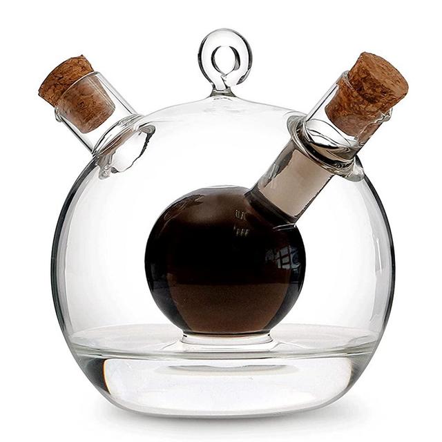 WINIAER 2 in 1 Oil and Vinegar Dispenser Cruet Bottle, Kitchen Supplies Glass Olive Oil and Balsamic Vinegar Cruet Bottle with Cork Stoppers, Hand-blown Glass Jar (Ball Shape)
