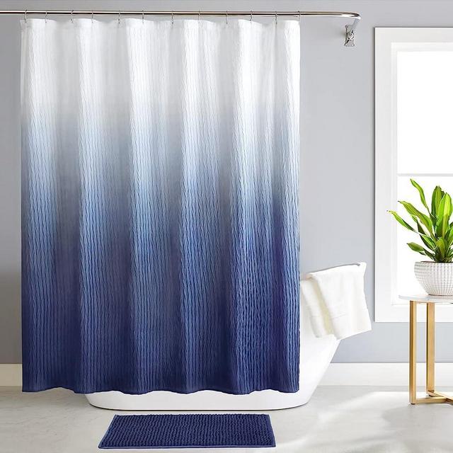 Reeple Ombre Shower Curtain Set with Rugs and Hooks for Bathroom Textured Waterproof Gradient Fabric Bath Shower Curtain 72 x 72 Inches Dark Blue