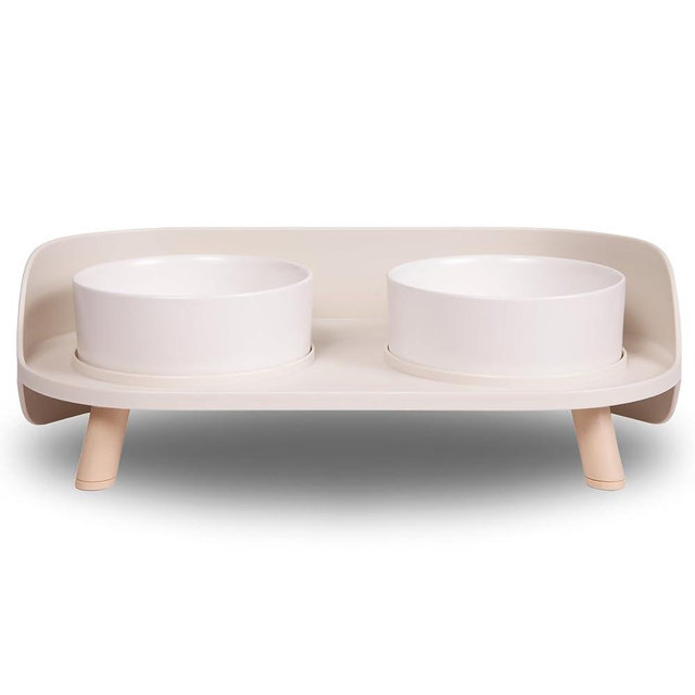 A4DOG Ceramic Dog Bowls with Stand - Elevated Dog Water and Food Bowl Set 13.5oz Cat & Dog Feeding Station Spill Proof Splash Proof Raised Pet Food Bowls for Dogs, No Mess Pet Feeder - Beige