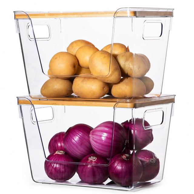 REAXYZNN 2 set Pantry Organizers and Storage,Stackable Onion Storage Potato Storage,Kitchen Laundry Organizers with Bamboo Top for Vegetable,Fruits, Snacks,Produce Clear