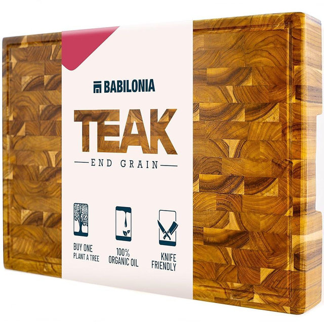 Teak Cutting Boards for Kitchen (ExtraThick 1.7"). Premium Quality Butcher Block, Charcuterie Board. Heavy Duty End Grain Wood Chopping Board 15.7"L x 10.2"W with Handle (Oil bottle & Plate included)